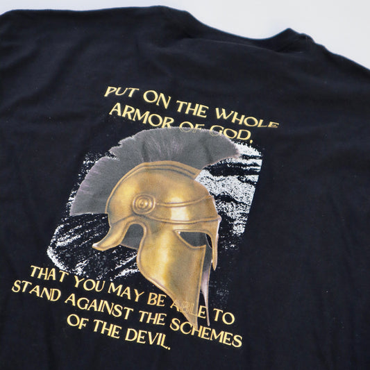 Front view of the Put on the Armor of God Christian tee shirt, featuring Ephesians 6:10-18